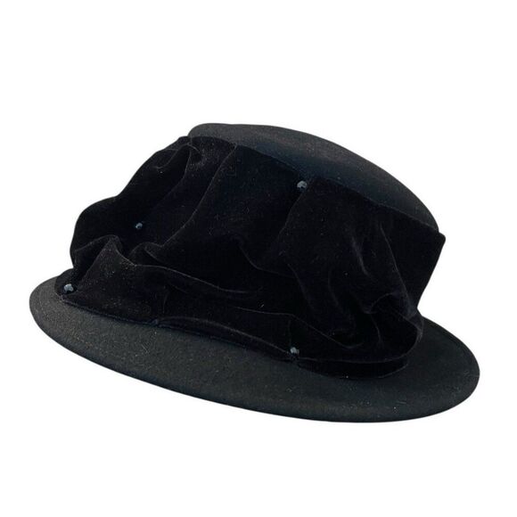 Vintage Betmar Womens Black Wool Felt Fedora Hat Velvet Beaded Detail Wide Brim - Picture 3 of 8
